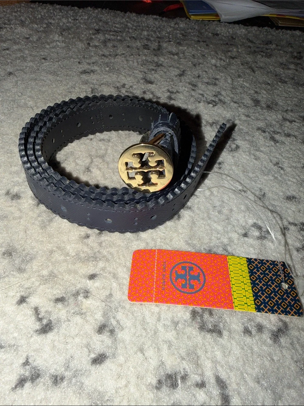 Tory Burch Navy Leather Spectator Belt with Gold Emblem
